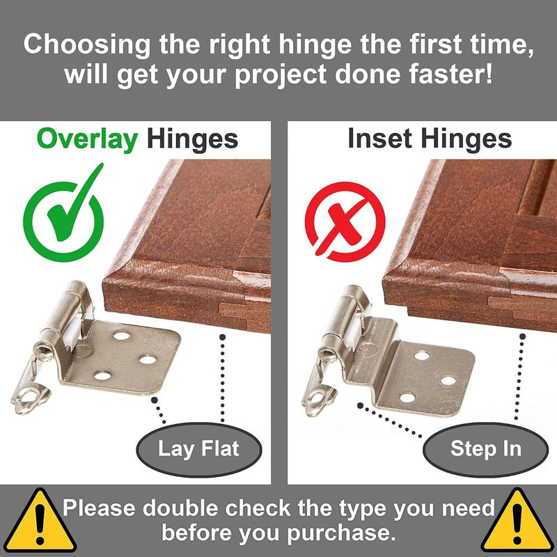 DecoBasics Cabinet Hinges Brushed Nickel for Kitchen Cabinets Doors (25 Pair -50 Pcs) -1/2" Overlay (Variable) -Self Closing Kitchen Cabinet Hinges Flush Mount w/Silicon Bumpers & Hardware Screws - Image 2